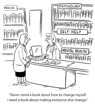 Cartoon of a woman asking for a book in a book store...not to change herself but to change everyone else