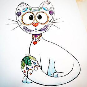 Watercolor and ink drawing of a white candy skull cat