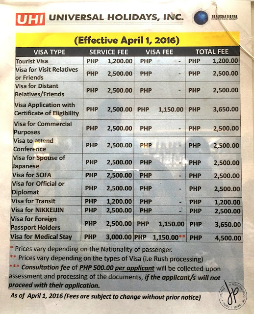 Universal Holidays Inc. Japan Visa application fees