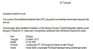 Contoh Surat Undangan Kerja Bakti Lingkungan RT Singkat 