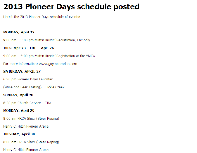  Here is the schedule for some activity at pioneer day rodeo in Guymond 2013.