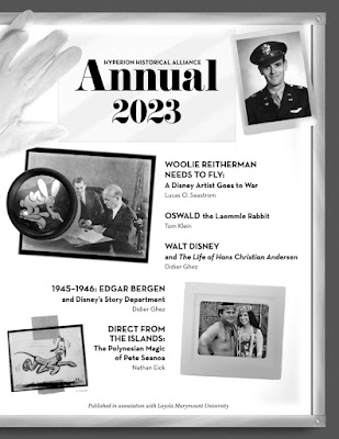 Cover for 2023 Hyperion Historical Alliance Annual showing the contents and images of subjects in the collection like Woolie Reitherman in a military pilot's uniform and Pete Seanoa in Polynesian clothing.