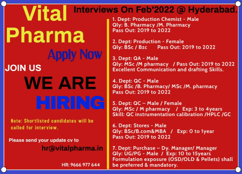 Job Availables,Vital Pharma Job Vacancy For B.Pharm/ M.Pharm/ BSc/ MSc/ B.Com/ MBA/ UG/ PG
