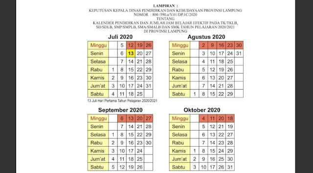 Kalender Pendidikan Tahun 2020/2021 Provinsi Lampung