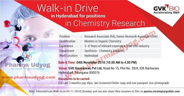 GVK bio | Walk-In for Research Chemistry | 4th November 2018 | Hyderabad