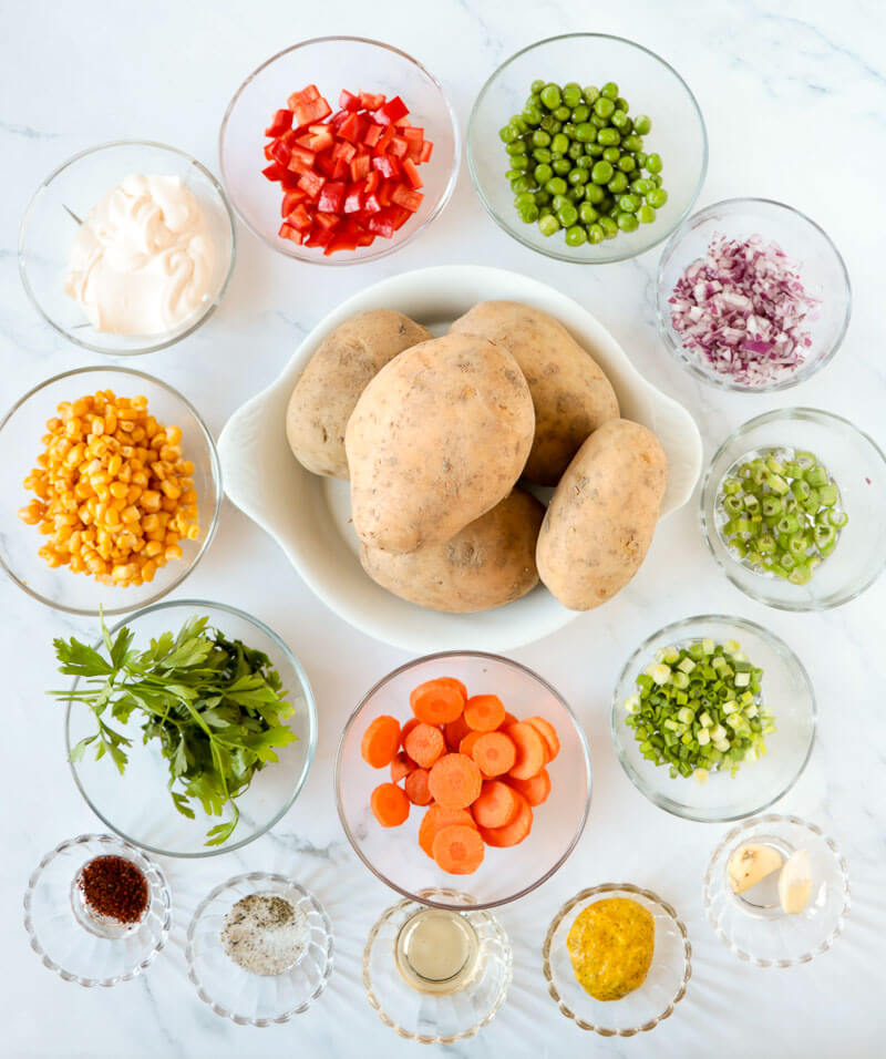 Ingredients needed to make Caribbean potato salad.