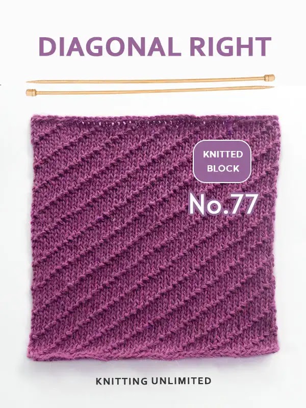 Knitted block number 77 is a simple yet attractive knitting pattern that creates a diagonal texture by alternating knit and purl stitches diagonally across the fabric