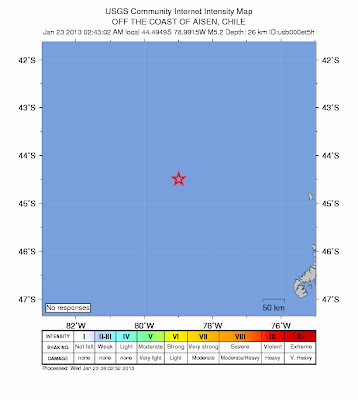 Sísmo 5,2 grados en las costas de Aisen, Chile, 23 de Enero de 2013