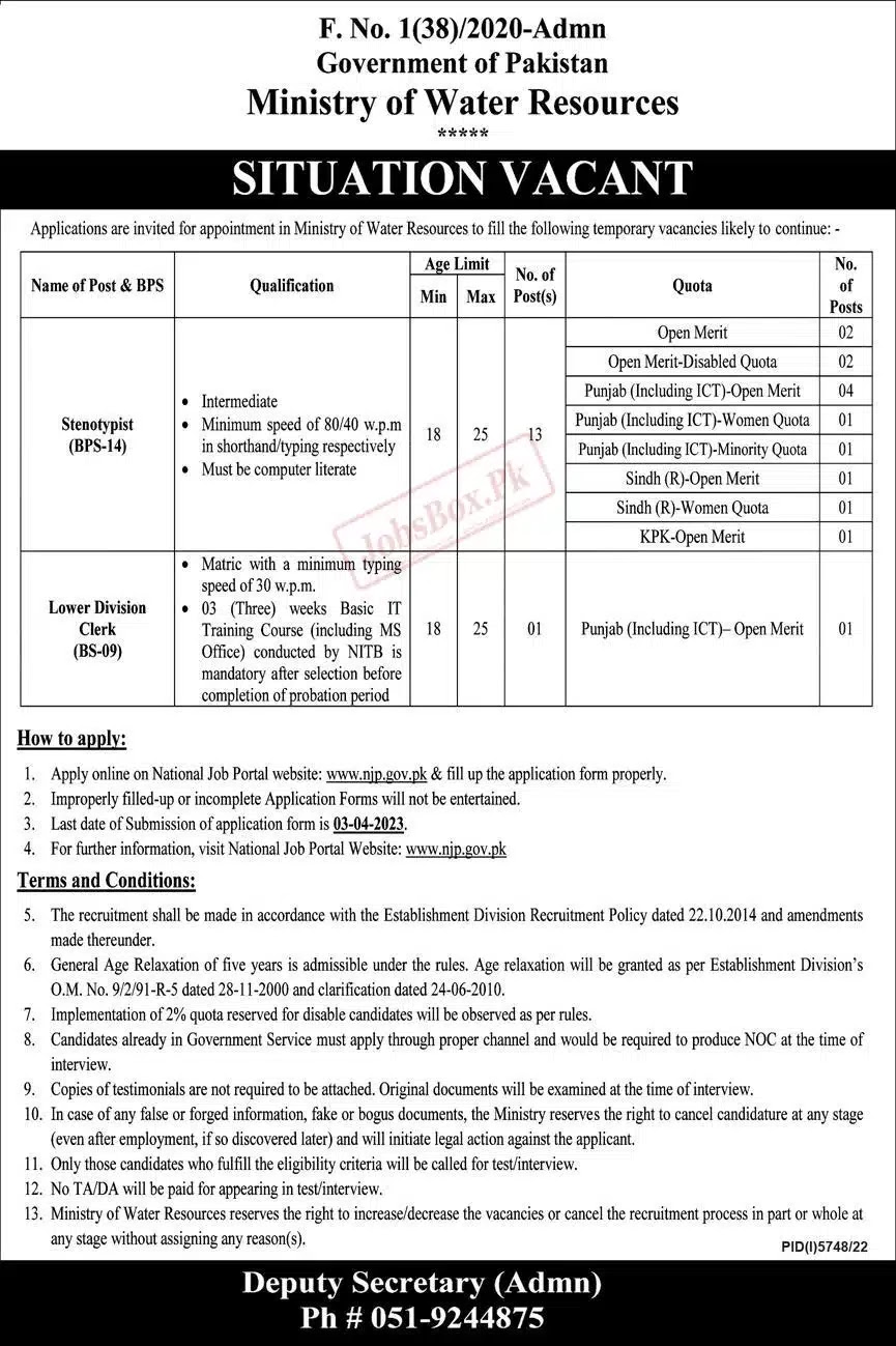 Ministry of Water Resources MOWR Jobs 2023 - Latest Advertisement