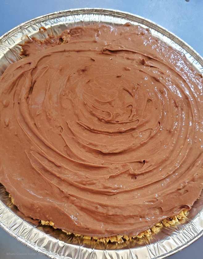 chocolate mousse in a pretzel crust pie