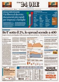 Il Sole 24 Ore del 28 Gennaio 2012 | ISSN 0391-786X | PDF HQ | Quotidiano | Economia | Finanza | Politica
Il Sole 24 Ore è il quotidiano economico più venduto tra quelli pubblicati in Italia e il terzo giornale d'informazione più venduto nel paese dopo il Corriere della Sera e La Repubblica.
La testata nacque il 9 novembre 1965 dalla fusione di due quotidiani: Il Sole, fondato nel 1865, e 24 Ore, nato nel 1946.