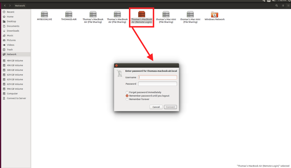 Nautilus File Manager showing Remote Login two line dialog to log in
