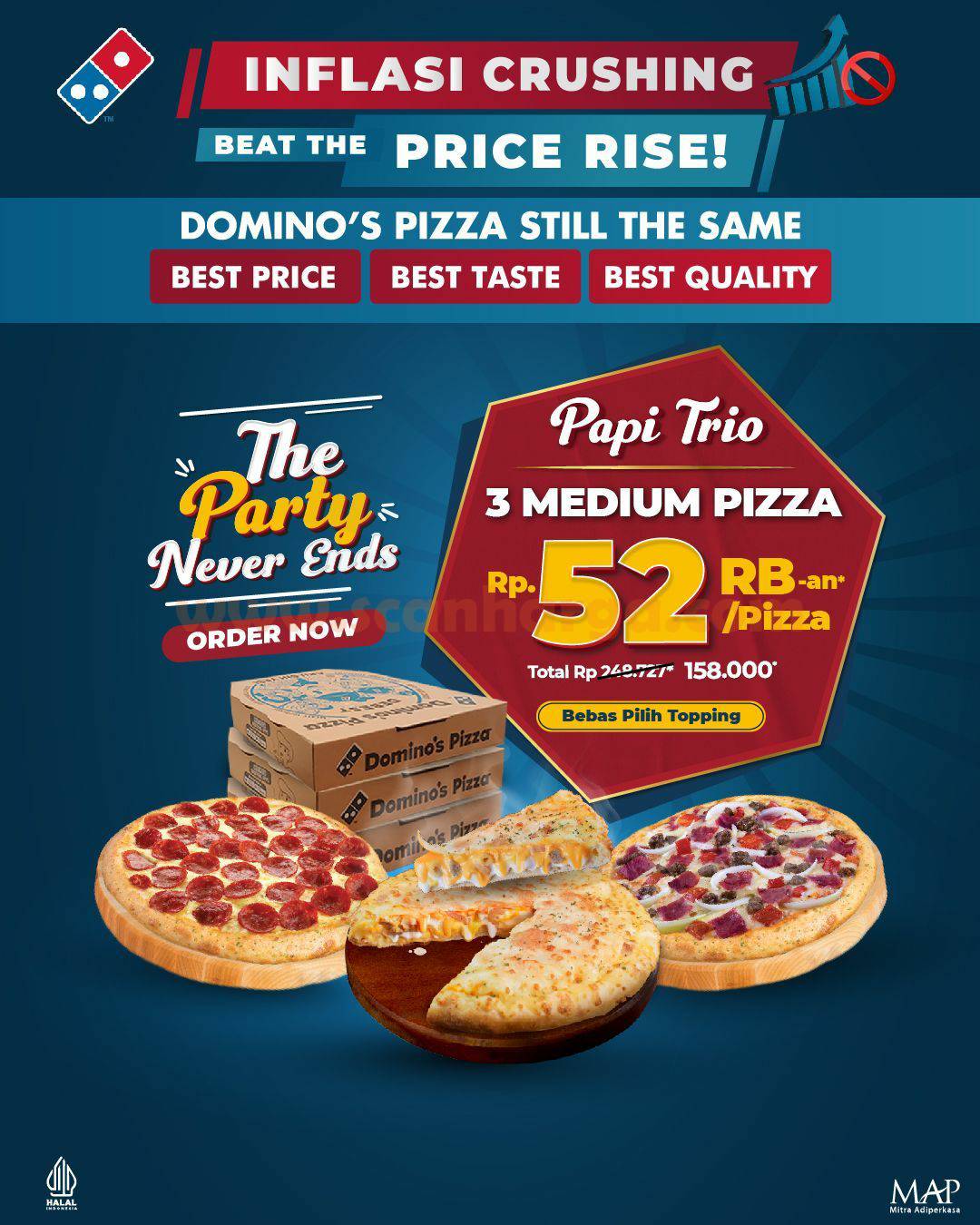 Promo DOMINOS PIZZA PAPI TRIO – Beli 3 Medium Pizza cuma 52RB