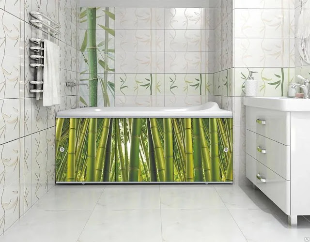 Bathtub glass screen and green bamboo tile