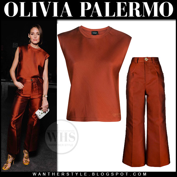 Olivia Palermo in brown satin top and brown satin pants