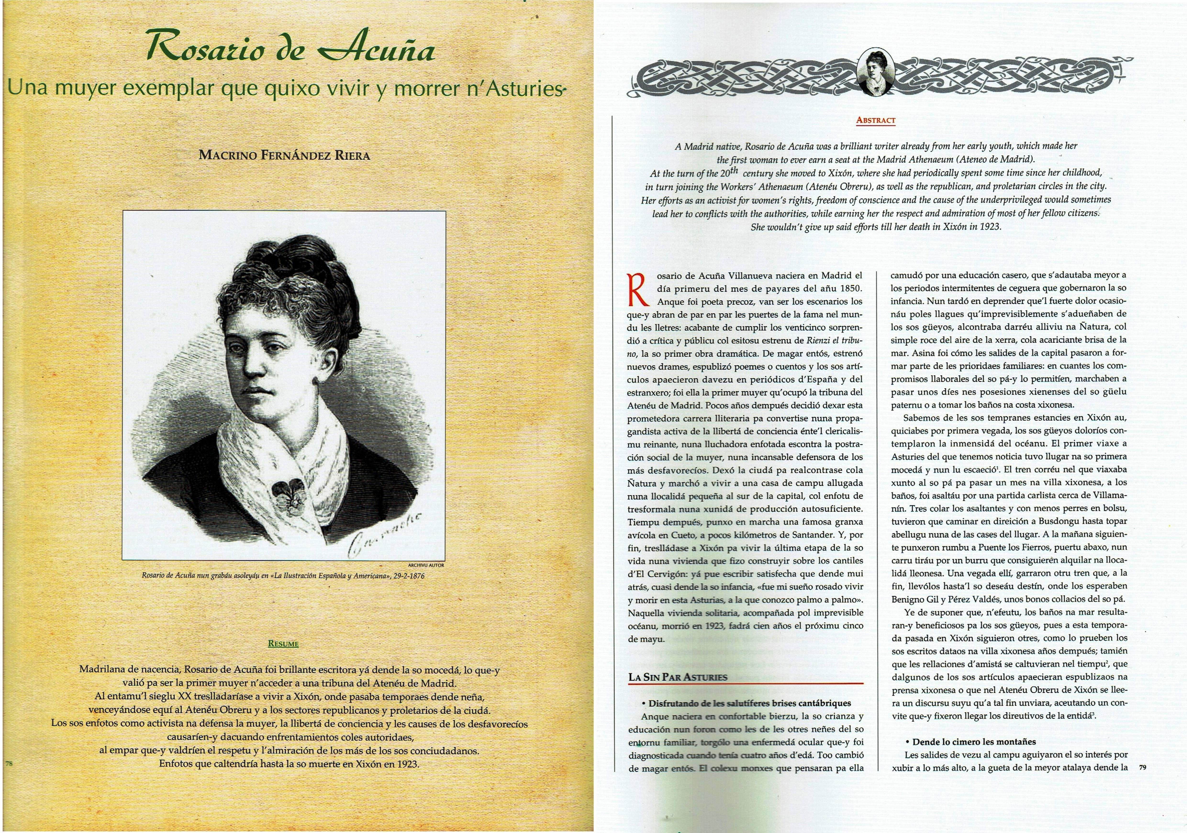 Dos primeras páginas del artículo «Una muyer exemplar que quiso vivir y morrer n´Asturies»