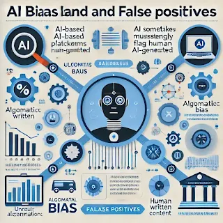 An infographic illustrating AI bias in plagiarism detection and the issue of false positives in content analysis