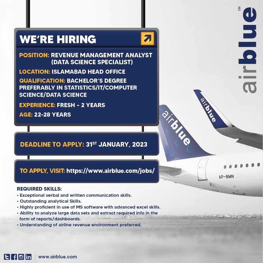 AirBlue Pakistan looking to hire Revenue Management Analyst