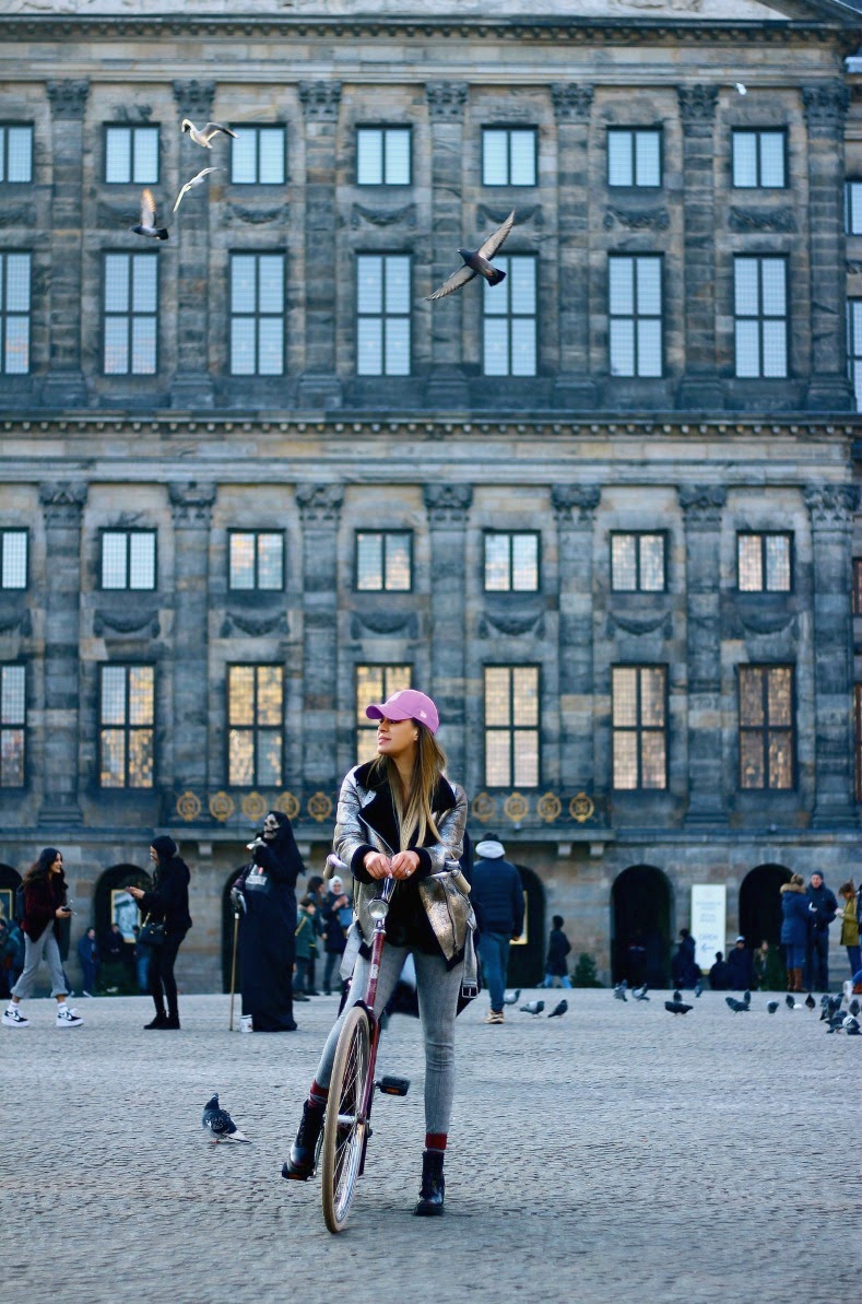 Metallic shearling coat, Lavender baseball cap, Ultra violet, Dr. Martens Persephne Arcadia boots, Zara laid leggings, Amsterdam, Dam square