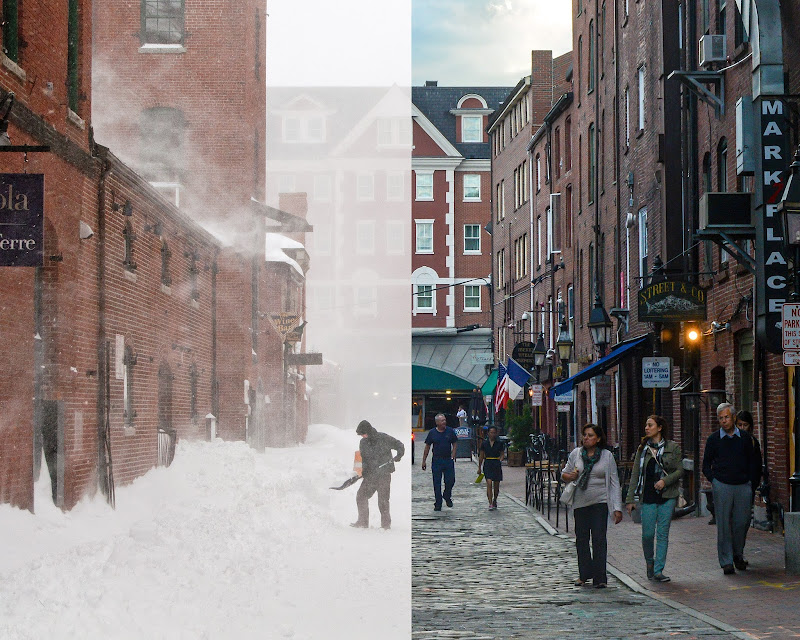 Winter and Summer on Wharf Street in Portland, Maine. Photo by Corey Templeton.