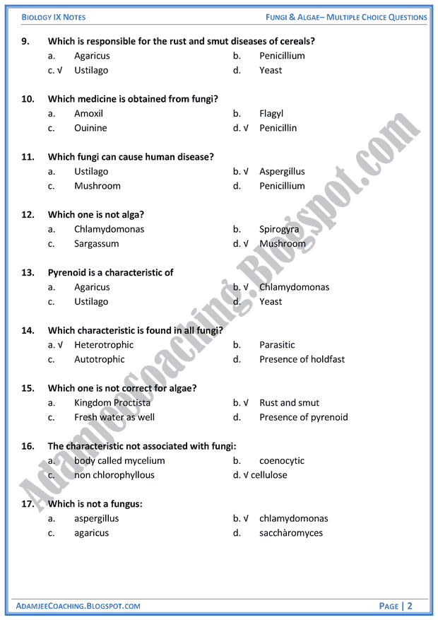 fungi-and-algae-multiple-choice-questions-biology-notes-for-class-9th