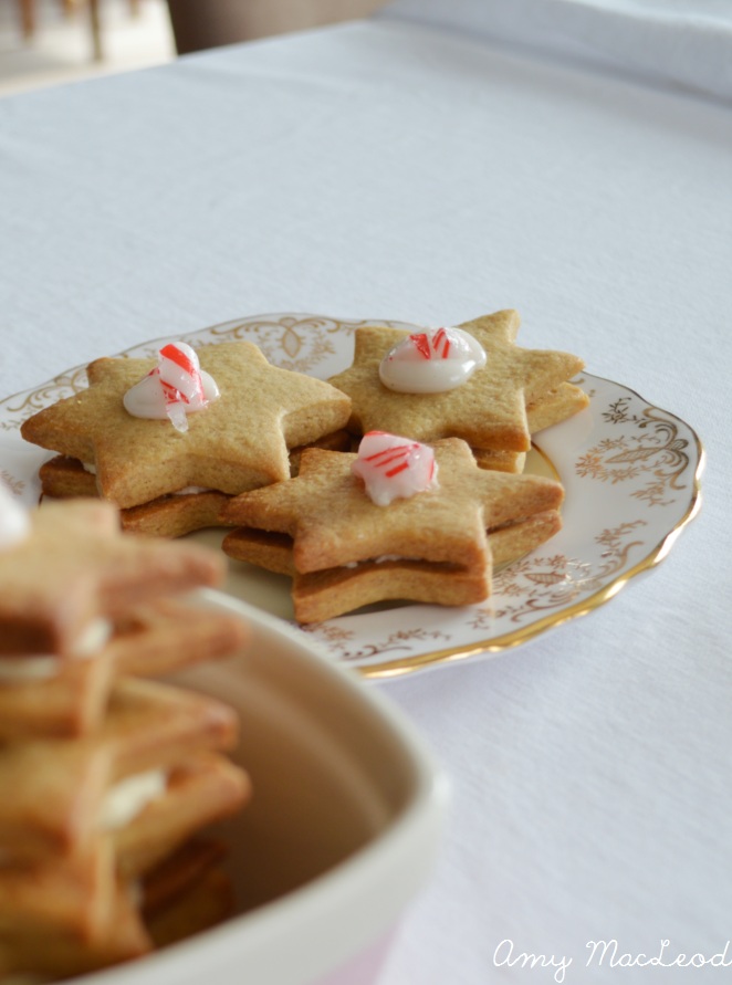 Pepparkakor Christmas cookies with vanilla and cinnamon buttercream, and candycane topping
