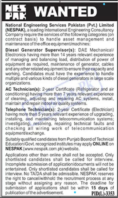 Advertisement for National Engineering Services Pakistan (NESPAK) Jobs 2023
