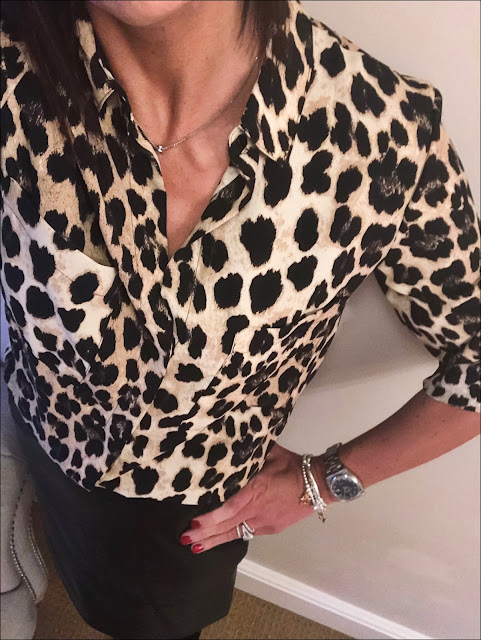 My Midlife Fashion, Olia Jewellery May Stars Bracelet, cartier love bangle, zara leopard print shirt, mango block heel ankle boots, marks and spencer faux leather a line skirt