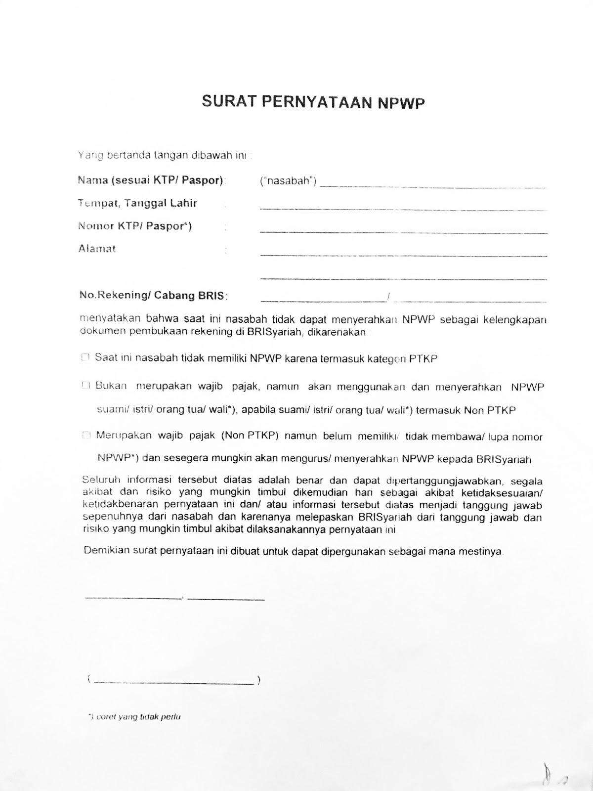 Contoh Surat Pernyataan Nomor Pokok Wajib Pajak (NPWP 