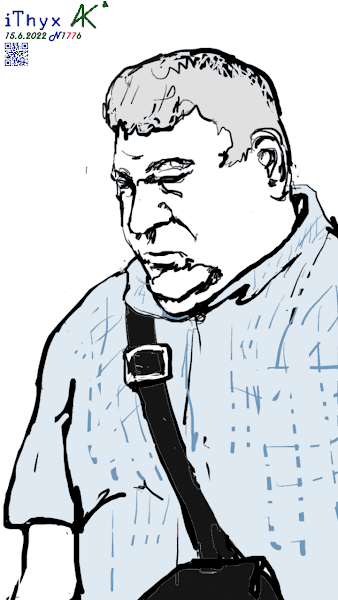 Портрет дремлющего, cедого мужчины с черной сумочкой, в голубой клетчатой рубашке. Автор рисунка: художник #iThyx