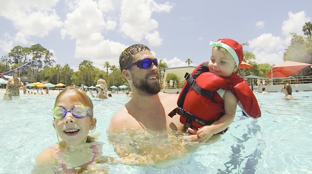 The West family takes in the Wave Pool at Adventure Landing