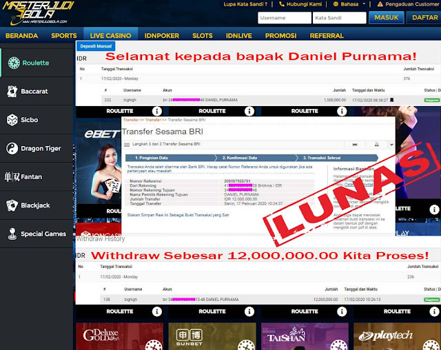 Bukti kemenangan bapak daniel purnam di permainan live casino withdraw 12,000,000.00