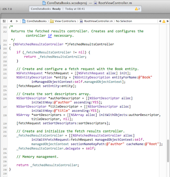 Xcode screenshot showing Apple's CoreDataBooks sample project creating and setting up the fetched results controller in the view controller.