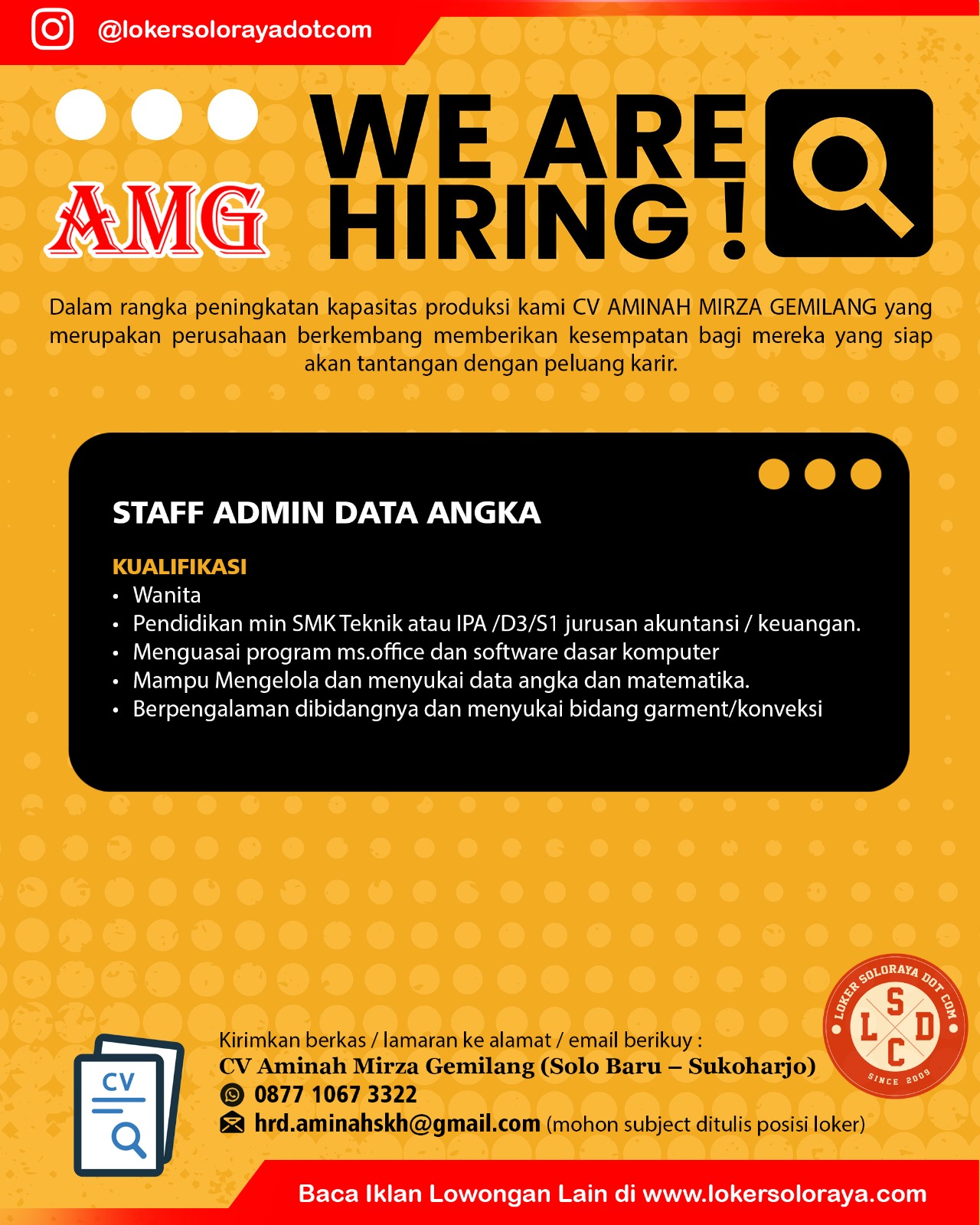 Loker CV Aminah Mirza Gemilang Sukoharjo Drafter, Kepala HRD, Staff Accounting, dll