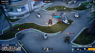 Combat Encounter against some bandits. An enemy Sniper in the top left, a Heavy in the bottom left and a Assault  in  the bottom right are engaged against Phoenix Point Operatives with an assault in the top right taking cover, a mutated assault in the middle behind the Mutog ( a Disciple of Anu mutated animal equivalent to a tank) in the center with an Assault in Anu Priest gear in the middle.