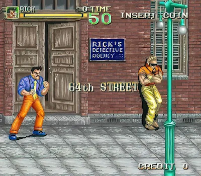 64th Street: A Detective Story - Two tough-looking detectives, Rick and Allen, stand back-to-back in a gritty city street. Neon signs and fire escapes fill the background, and a kidnapped woman is held captive above them.