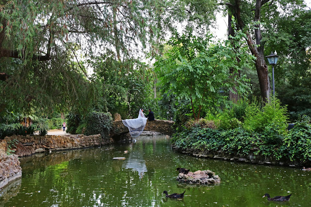 Estanque con patos rodeado de vegetación y un puentecito con una pareja de novios al fondo.