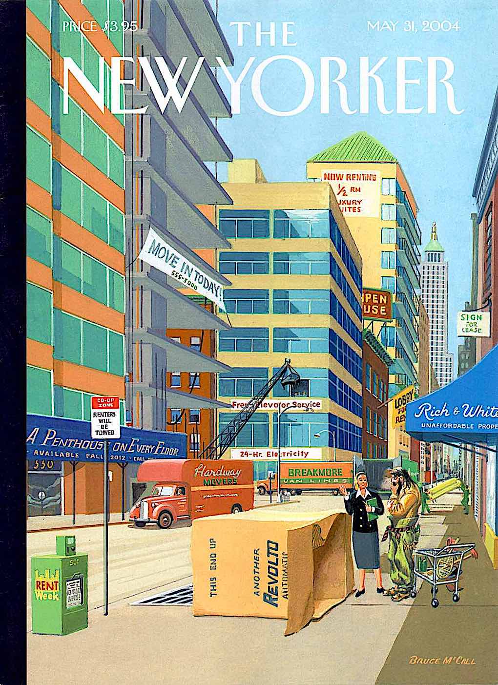 Bruce McCall for The New Yorker magazine, a real estate  agent sells a cardboard box