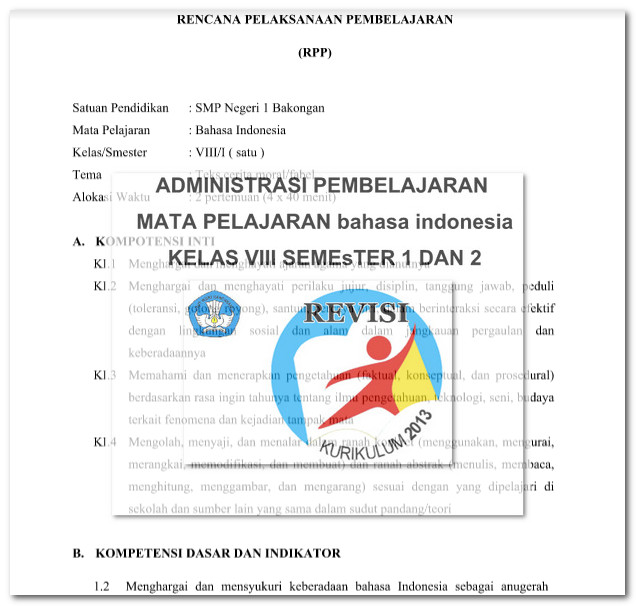  disusun mengacu pada peraturan permendikbud nomor  RPP K13 Bahasa Indonesia Sekolah Menengah Pertama Kelas 8 Revisi Format Doc