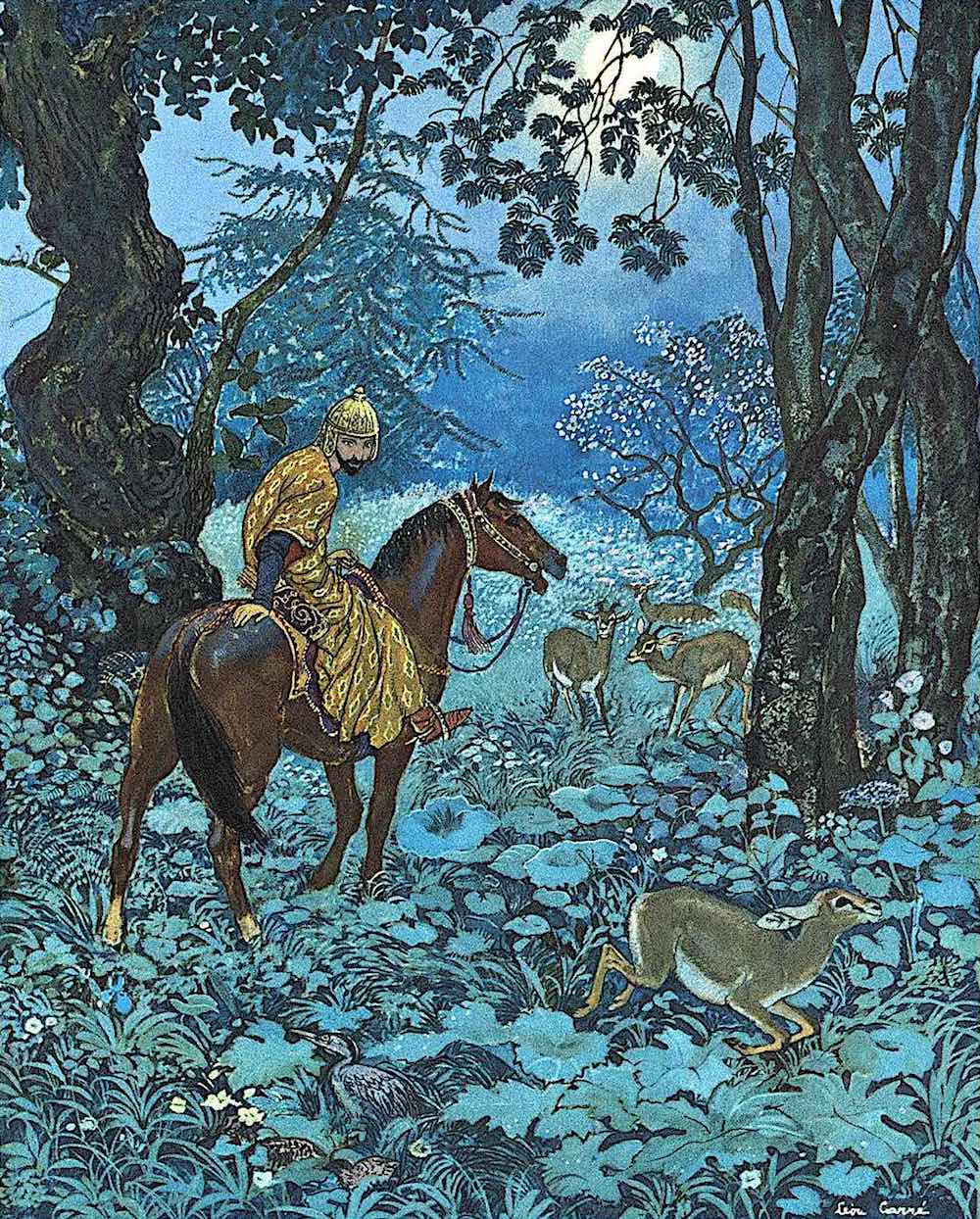 a Léon Carré illustration, a soldier on horse appreciates gentle animals in the forest