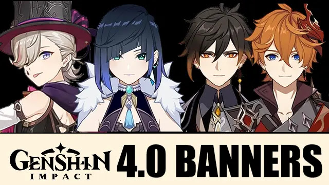 genshin impact 4.0 banners, genshin impact 4.0 banners 4 stars, genshin 4.0 banners, genshin 4.0 banner 4 stars, genshin 4.0 reruns, genshin 4.0 weapon banner, lyney banner, yelan rerun, childe rerun, zhongi rerun