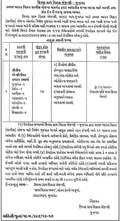 Jilla Gram Vikas Agency Junagadh Recruitment 2017 for 10 Civil Engineer Posts