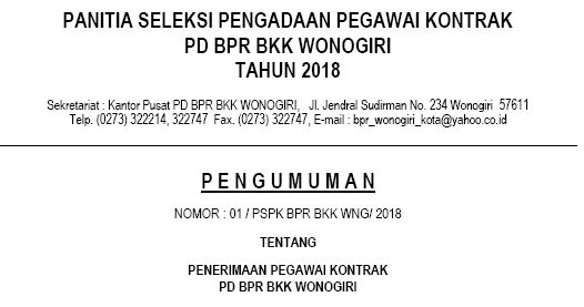 Penerimaan Pegawai Kontrak PD BPR BKK WONOGIRI Tahun 2018 ...