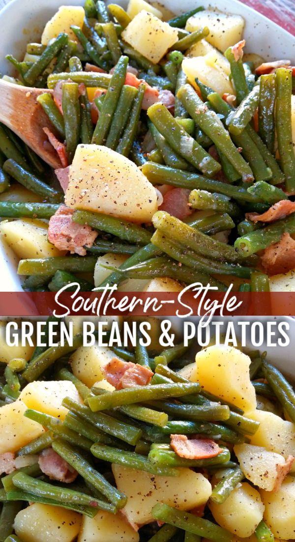 Southern-Style Green Beans & Potatoes! Fresh green beans and potatoes cooked low and slow the Southern way with bacon and onion - recipe includes both stove-top and crock pot instructions.