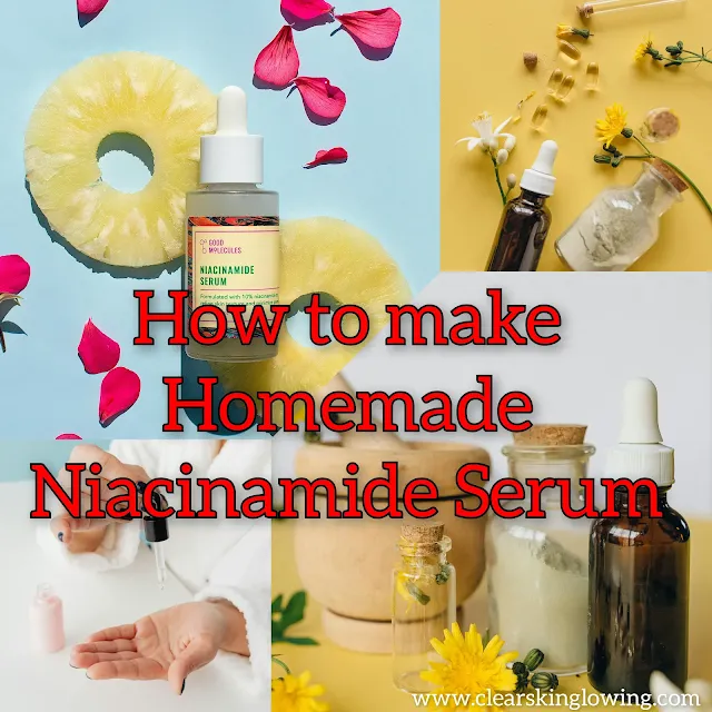 Homemade niacinamide serum in a dropper bottle with natural Vitamin B3-rich foods like avocado, mushrooms, and nuts in the background