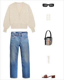 stylish spring outfit idea with a neutral cardigan, black rectangle sunglasses, hoop earrings, Cesta mini bucket bag, classic straight-leg Levi's jeans, and braided slide sandals