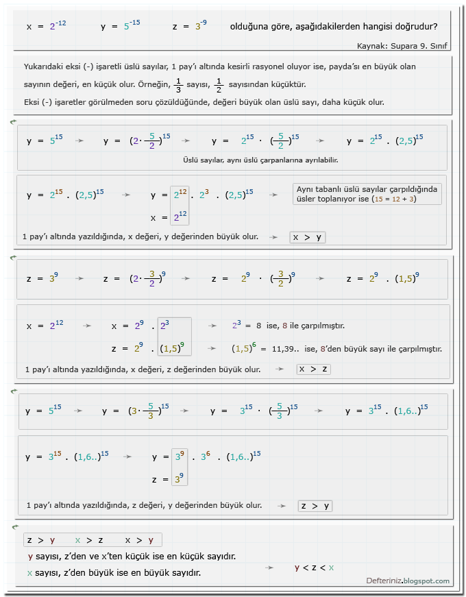 Örnek soru 23 » Üslü eşitsizlikler » eksi (-) işaretli üslü sayılarda sıralama » (Kaynak: Supara 9. Sınıf).