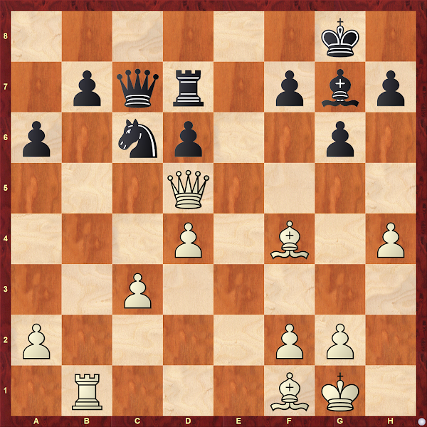 Valkea: Kg1, Dd5, Lf1, Lf4, Tb1, sotilaat: a2, c3, d4, f2, g2, h4, musta: Kg8, Dc7, Rc6, Lg7, Td7, sotilaat: a6, b7, d6, f7, g6, h7.