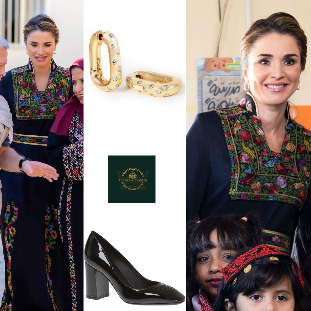 For the day, Queen Rania of Jordan chose a traditional look. She was a wearing a black Thoub with embroidery on the bodice, sleeves and skirt. Rania teamed up the outfit with her Bottega Veneta Intrecciato Black Patent Leather Pumps and Stone Fine Swing With Me Diamond Dotted Earrings.
