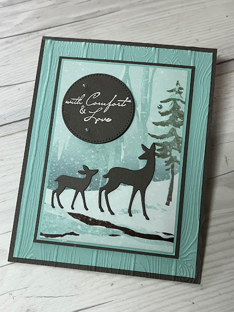 Greeting card with Deer in a snowy scene using Stampin' Up! Grove Dies